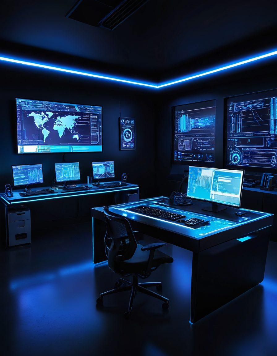 A futuristic workspace filled with advanced computer hardware components, showcasing a sleek motherboard, high-performance GPU, and innovative cooling solutions. Include holographic screens displaying technical graphs and schematics, with bright neon lighting. Convey a sense of exploration and creativity as a diverse group of engineers collaborates around a digital table. Add elements of digital innovation and breakthrough technology. cyberpunk. vibrant colors.