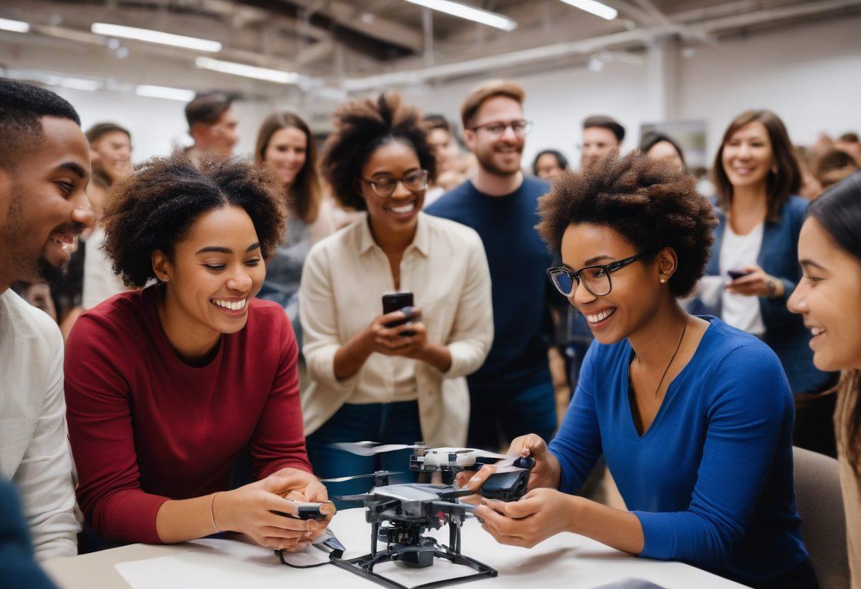 A diverse group of enthusiastic individuals engaged in hands-on activities with various modern tech gadgets, showcasing smiles and focus. Vibrant sparks of creativity in the air, surrounded by an array of devices like drones, smartwatches, and VR headsets. A lively tech-savvy environment, highlighting collaboration and innovation. Bright, energizing colors to convey empowerment and excitement. super-realistic. vibrant colors. dynamic composition.