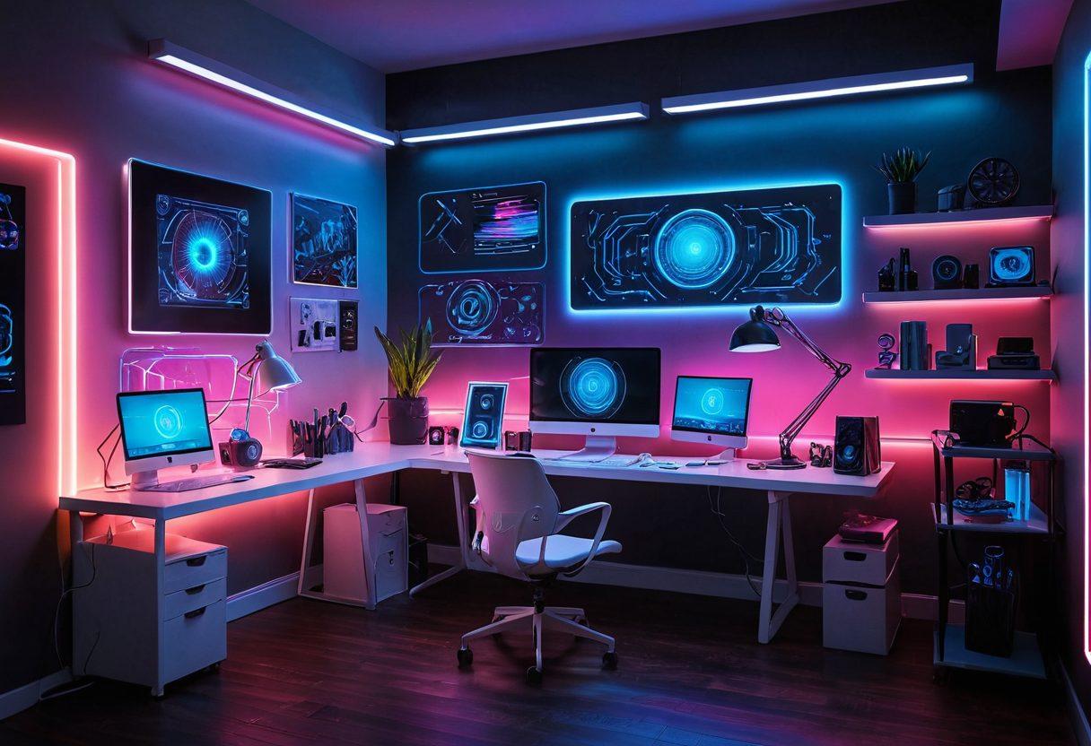 A futuristic workspace featuring a variety of cutting-edge computer hardware, sleek DIY gadgets, and innovative tools scattered around. Brightly lit with neon accents and showcasing a 3D printed object in progress. Include a holographic display illustrating recent breakthroughs in technology. The atmosphere should feel dynamic and inspiring. vibrant colors. super-realistic.
